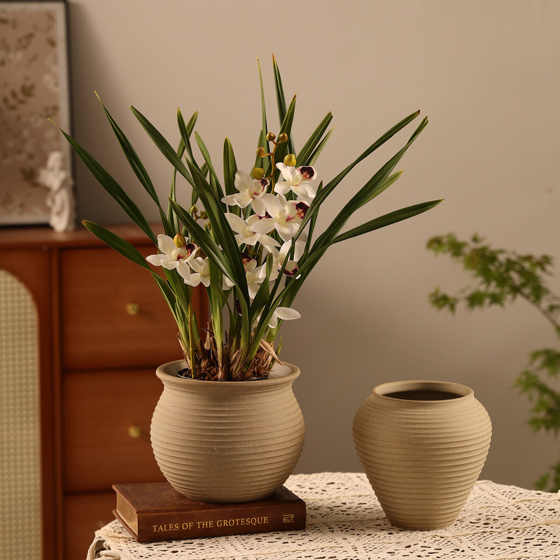 Jingdezhen Chinese-style ceramic flower pot, vintage Zen-inspired rustic clay pot for living room entrance, high-end feel for green plants and potted plants