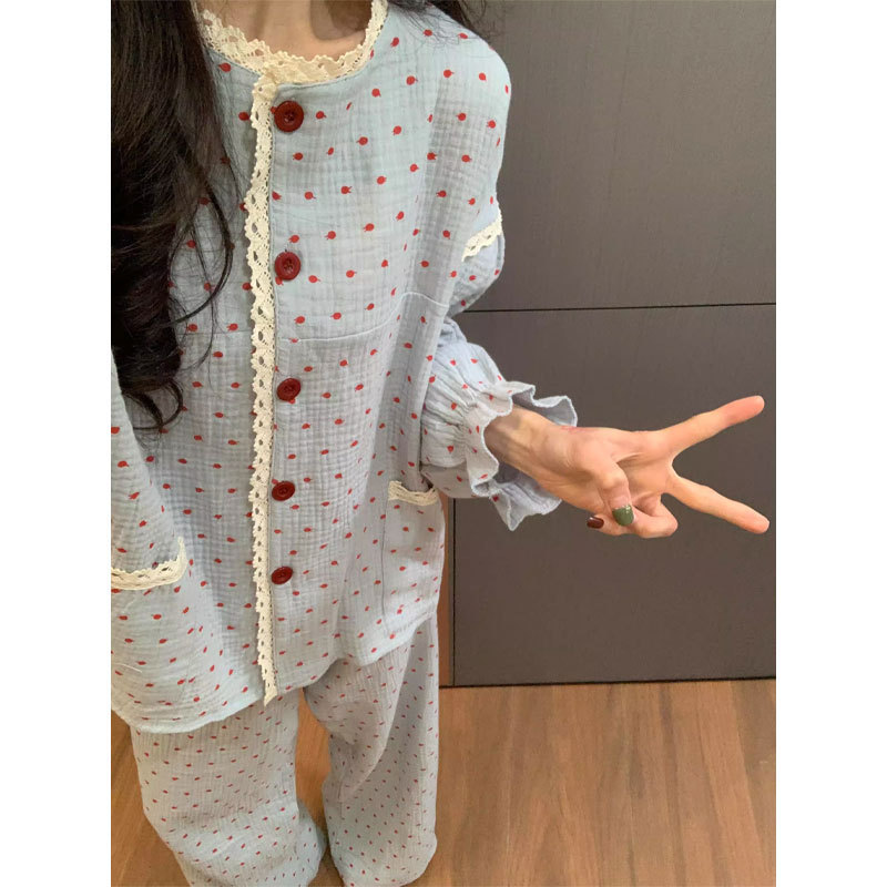 Designed Polka Dot Printed Cotton Gauze Pajamas for Women Spring & Fall 2025 New Pure Cotton Pants Home Wear Fashion Suit Summer