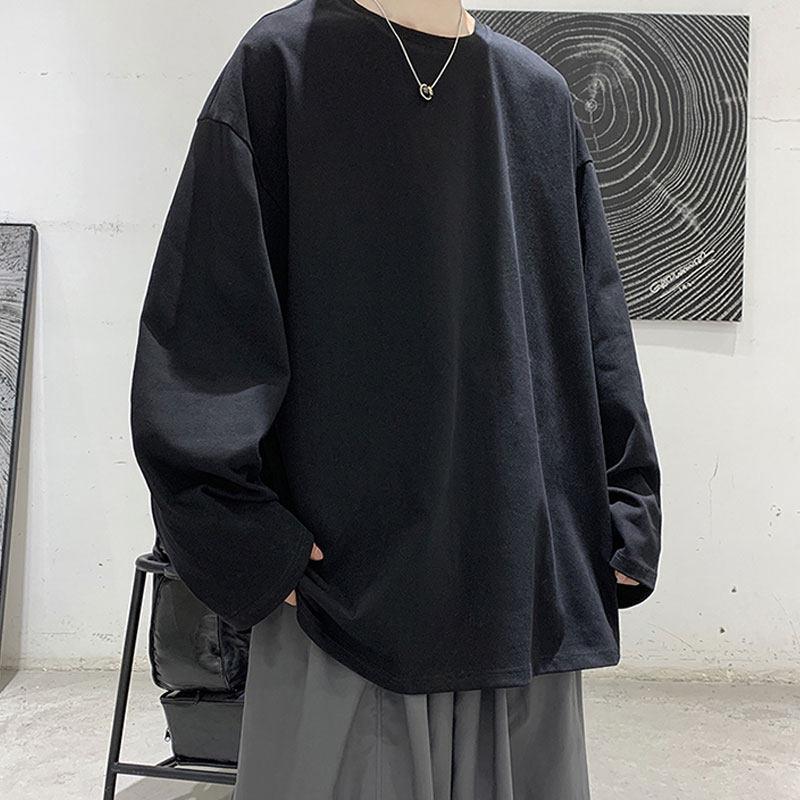 Round neck long sleeved T-shirt men, loose and trendy, versatile ins, autumn solid color clothes, casual hoodie for_voghion.com