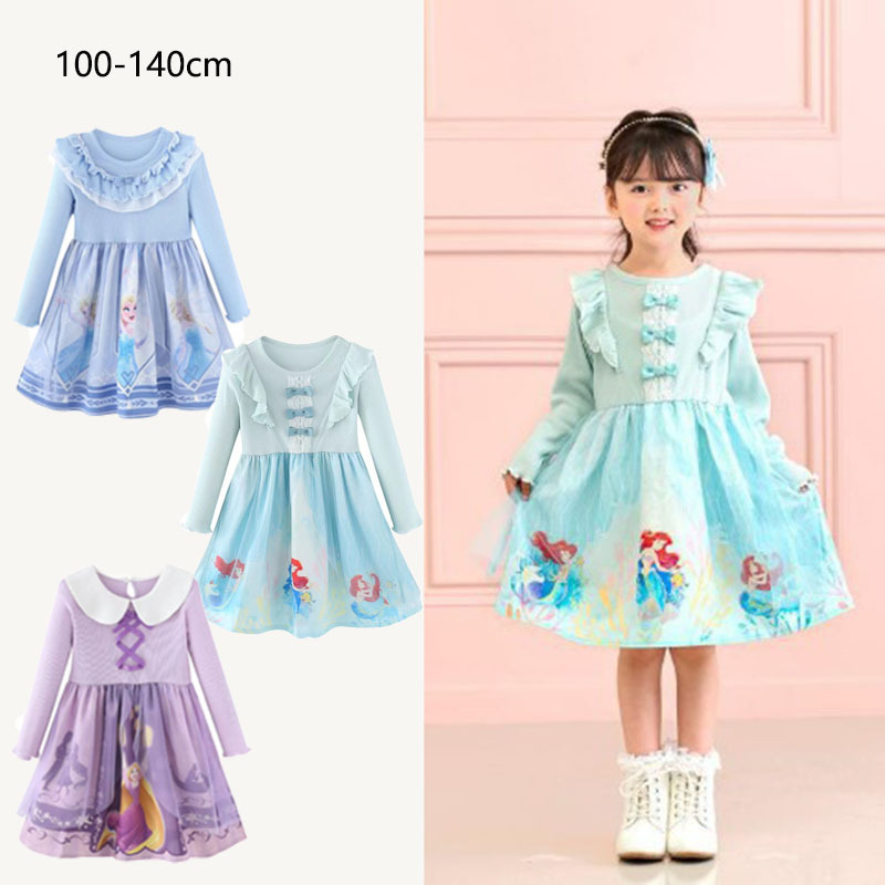 Exported to Japan New Autumn and Winter Pure Cotton Princess Skirt Girls Long-Sleeved Skirt Kidsren's Ice and Snow Elsa Cartoon