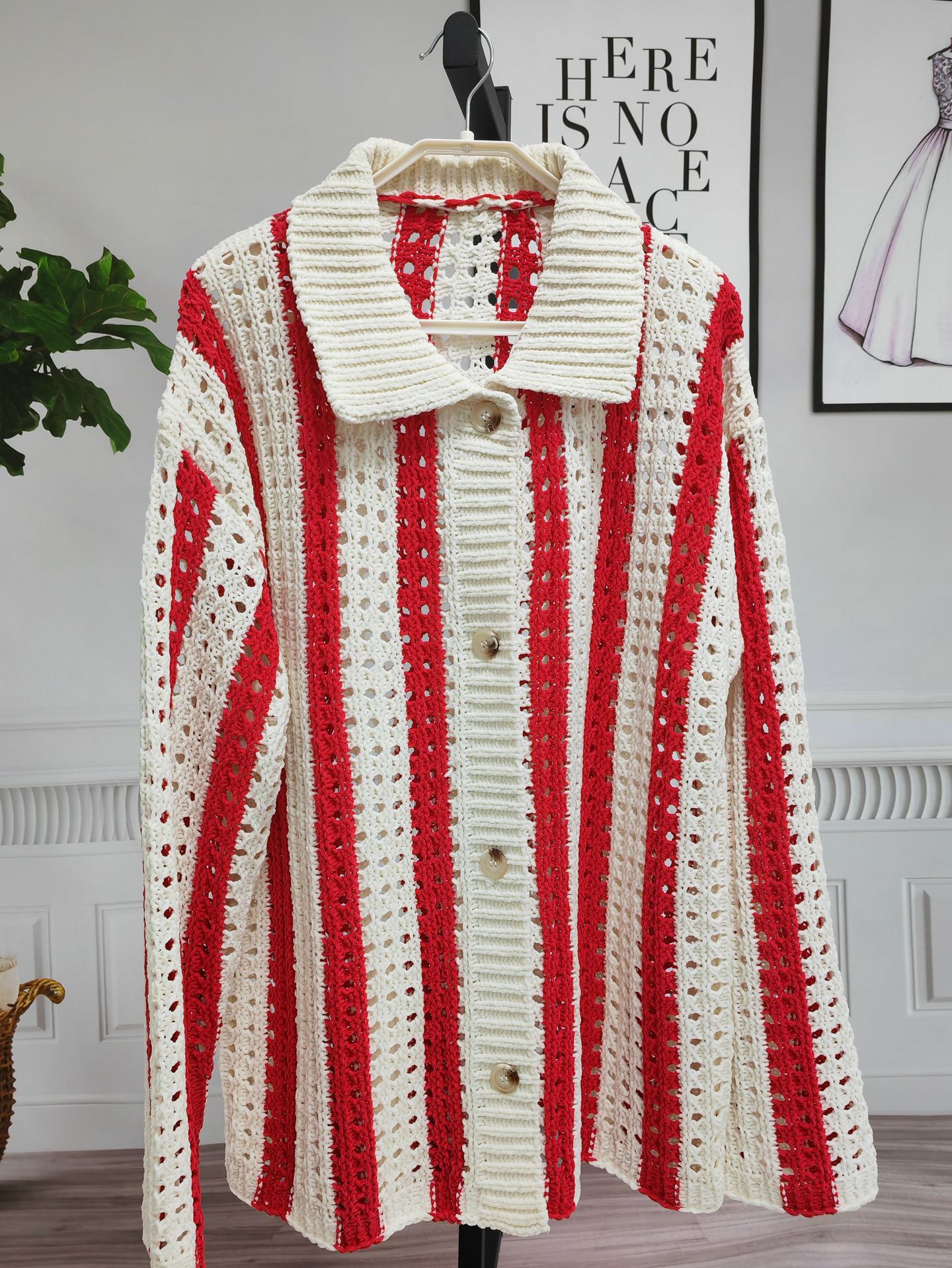 SweaterCrochet StripedThread Lapel Knit Cardigan
