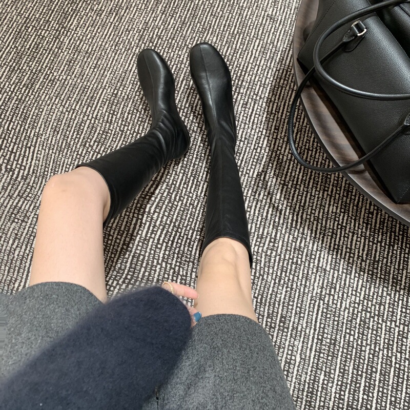 Leather version~Flat-soled round-toe women's riding boots, elastic slim-fit boots, ultra-soft leg-hugging boots, versatile mid-calf long boots Leather version~Flat-soled round-toe women's riding boots, elastic slim-fit boots, ultra-soft leg-hugging boots, versatile mid-calf long boots