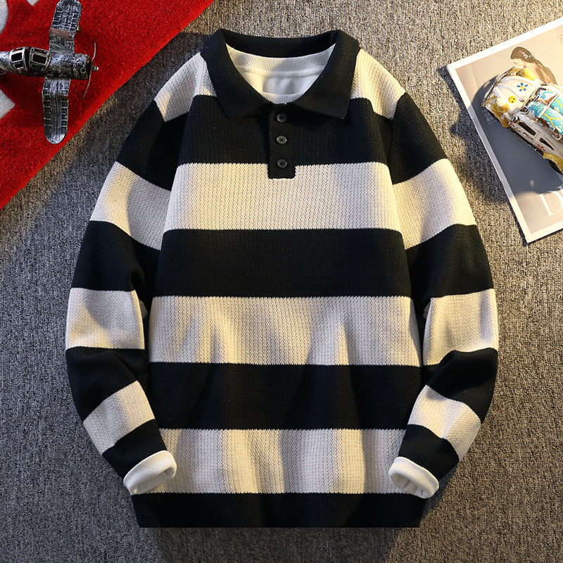 Men's Three-Button Lapel Pullover Thick Striped Men's Casual Sweater Youth Long-Sleeved Bottoming Sweater Men's Three-Button Lapel Pullover Thick Striped Men's Casual Sweater Youth Long-Sleeved Bottoming Sweater