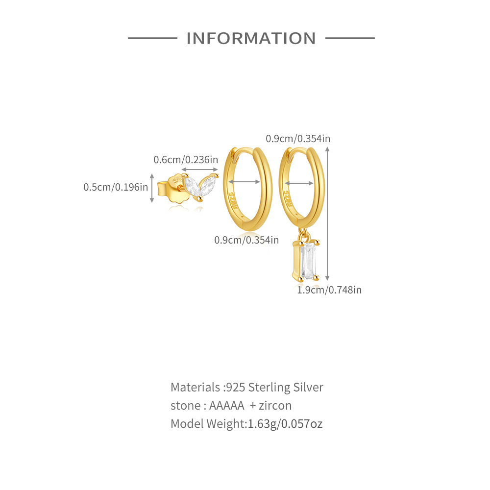 1 Set 925 Sterling Silver Zircon Geometric Earrings Ear Studs display picture 2