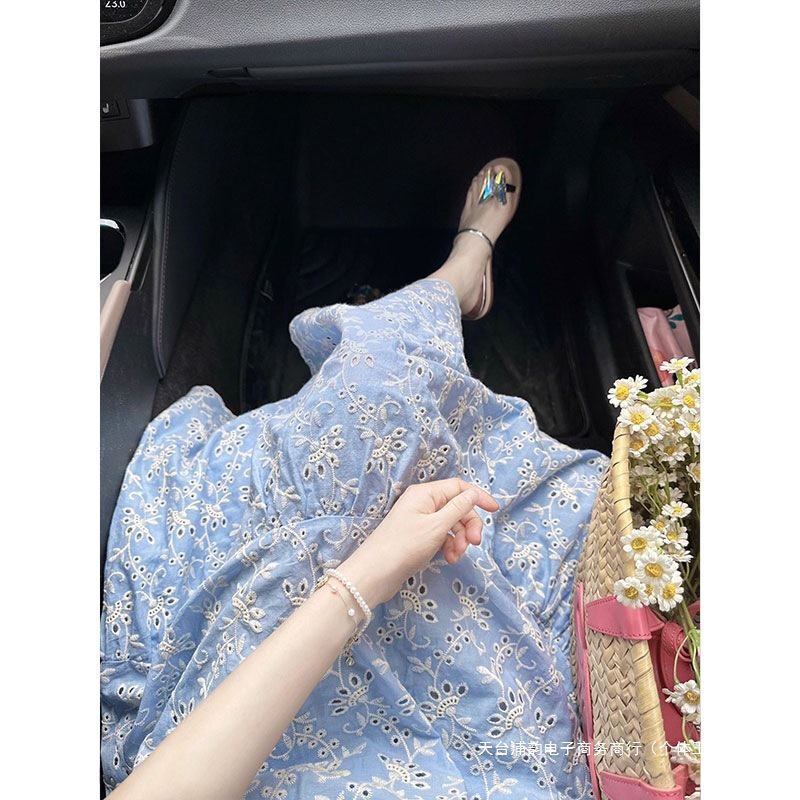夏季法式温柔风气质蓝色桔梗领小飞袖连衣裙女小众收腰显瘦长裙|undefined