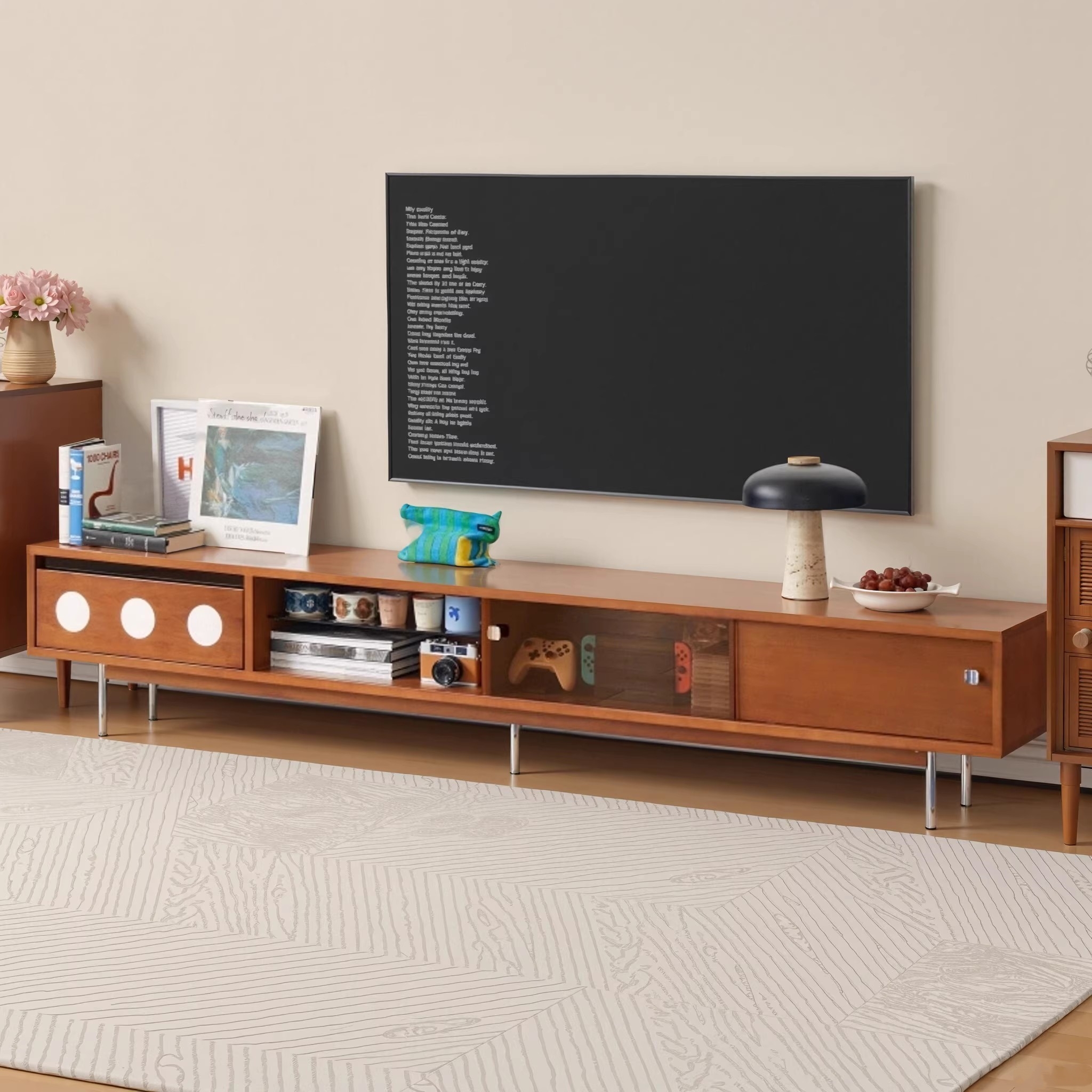 Nordic Medieval Solid Wood Tv Cabinet Display Cabinet Storage Integrated Retro Home Small Apartment Living Room Tv Cabinet