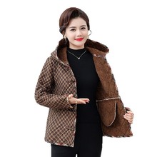 冬装加绒加厚格子棉袄女士夹棉连帽棉衣中老年妈妈装休闲保暖棉服