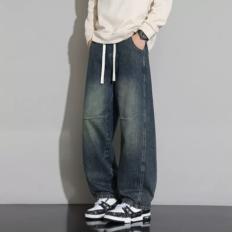 2026春季新品阔腿牛仔裤男美式复古宽松百搭休闲长裤潮流微弯刀裤