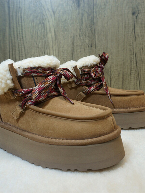 Winter New Cowhide Wool Women's Snow Boots Lace-Up Thick-Soled Women's Cotton Boots Platform Sole 1-17