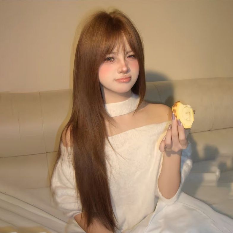 Early Baby Wig Female Atmosphere Elegant Bangs Layered Long Straight Hair Caramel Warm Brown Artificial Full Headgear Cos