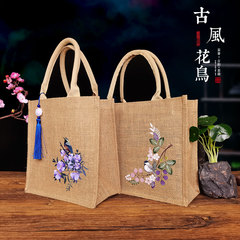 批發古風花鳥麻布袋中國風黃麻袋購物手提袋禮品包裝袋來圖定