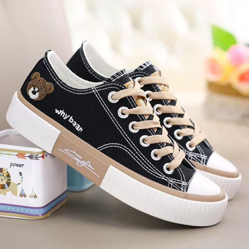 Low cloth footwear, sports sneakers, 2023, with little bears, Korean style, plus size
