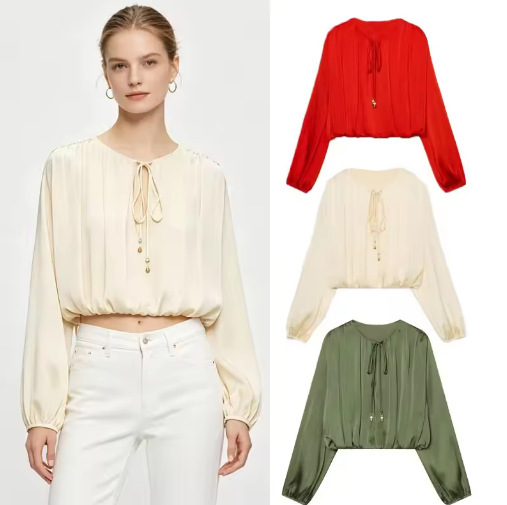 Cross-Border European and American Women's Clothing Za Aliexpress Hot-Selling Balloon-Style Textured Long-Sleeve Shirt