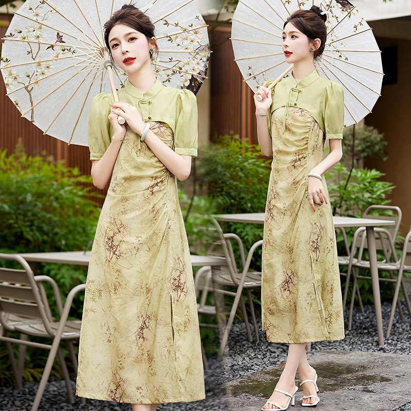 新中式国风女装设计感小众温柔御姐风气质印花吊带连衣裙两件套装