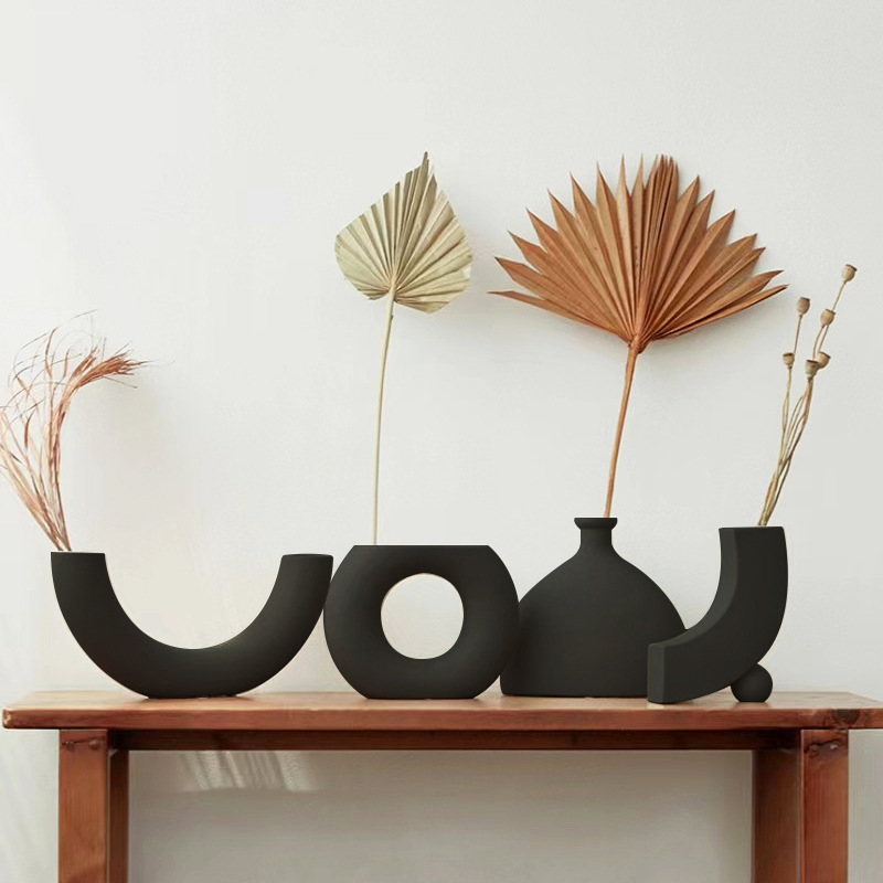 Wabilifeng decoración de jarrón de cerámica negra hogar sala de estar arreglos florales secos decoración suave creativa retro al por mayor