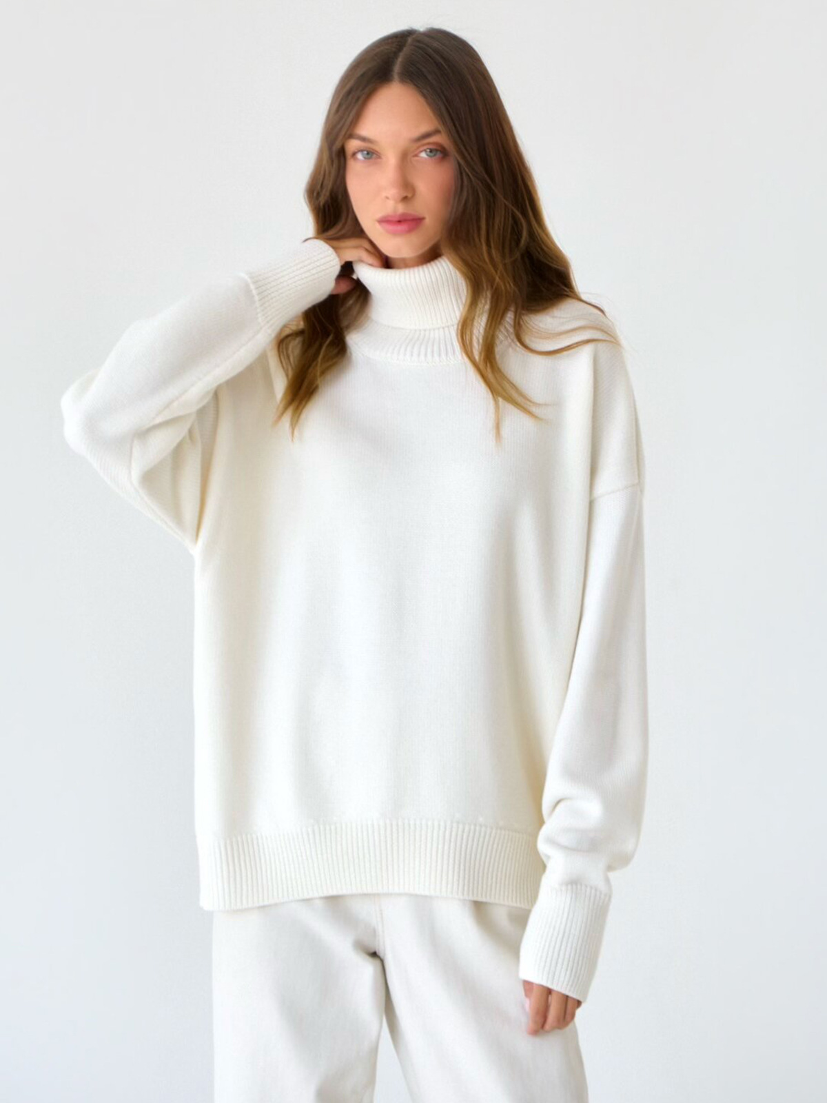 Suéter de cuello alto de color liso transfronterizo 2025, estilo europeo y americano, de punto holgado para otoño e invierno, tipo pullover Ins Amazon, estilo holgado para mujer.