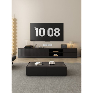 Solid Wood Tv Cabinet Coffee Table Combination Modern Simple Living Room Home High-End Floor-Standing Light Luxury Black Tv Cabinet