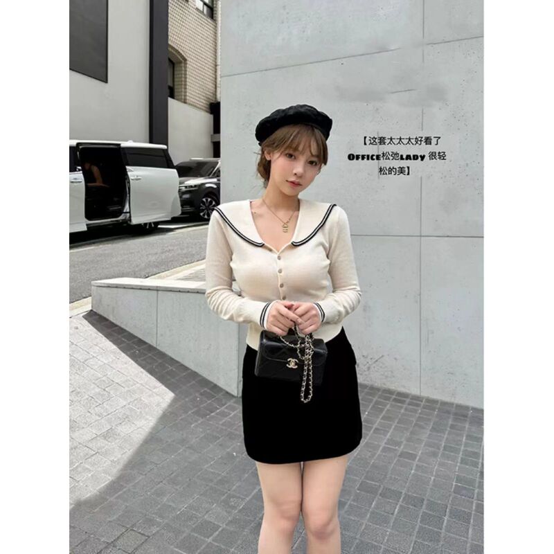 Navy Collar Knitted Cardigan for Women Early Autumn and Early Autumn Small Fragrance Slim Lapel Sweater Jacket Top Spring and Autumn