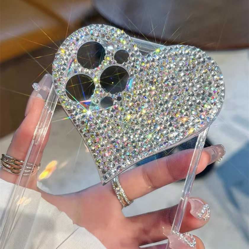 Blingbling Fine Diamond Transparent Mobile Phone Case Glass Diamond Soft Rubber Stereo Big Heart Rhinestone Anti-Fall Mobile Phone Case