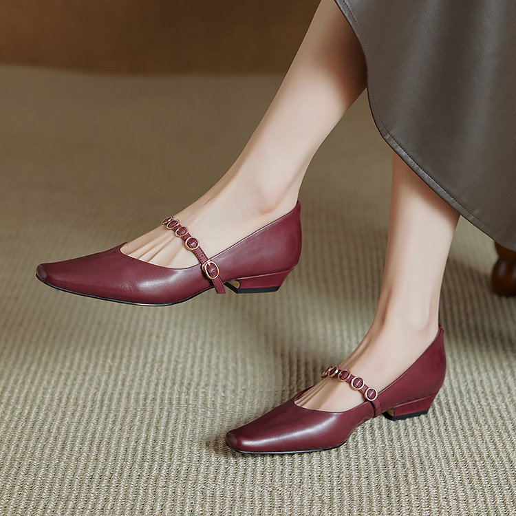 Leather retro Mary Jane shoes square toe with a strap low-cut flat