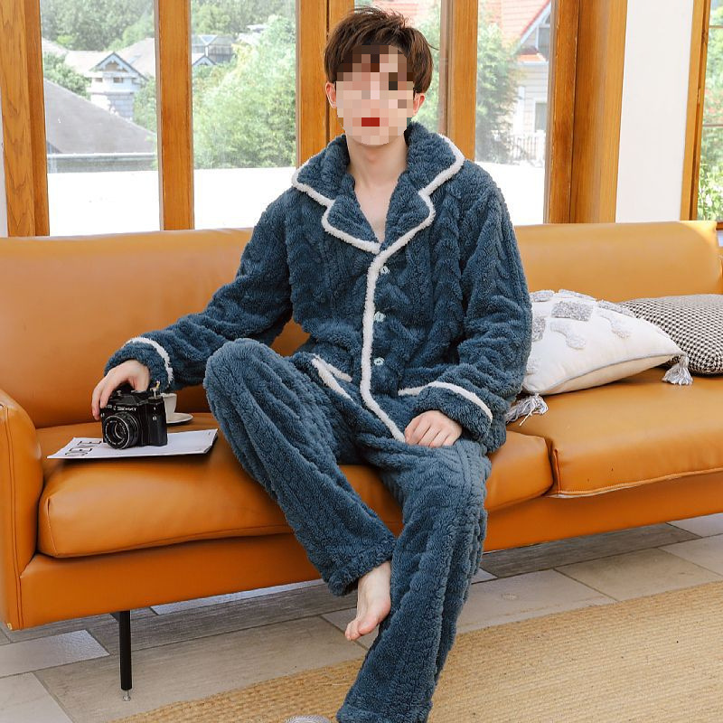 Men's Long Warm Fleece-Lined Homewear Set for Youth, Thickened Flannel Outerwear Pajamas for Winter, Coral Color