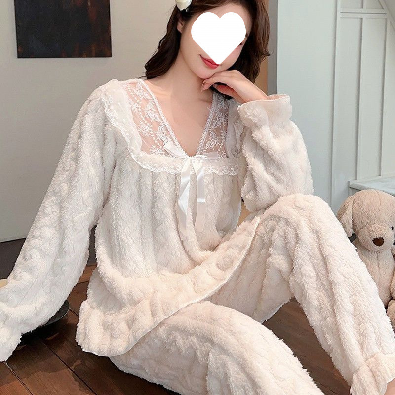 가을 겨울 여학생을 위한 새로운 산호 털 파자마, 두꺼운 한국 스타일 레이스 플란넬, 공주 스타일, 달콤한 홈 의류