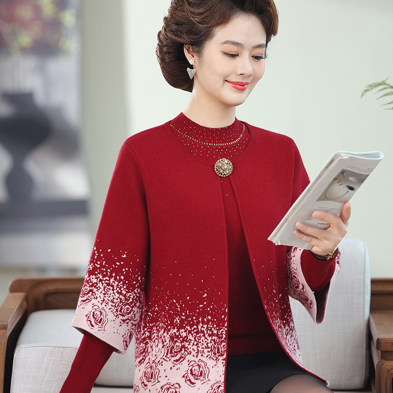 中老年女装秋季妈妈装针织毛衣两件套大码宽松休闲套装风外套，女装套装/套裙，妃慕昵服饰