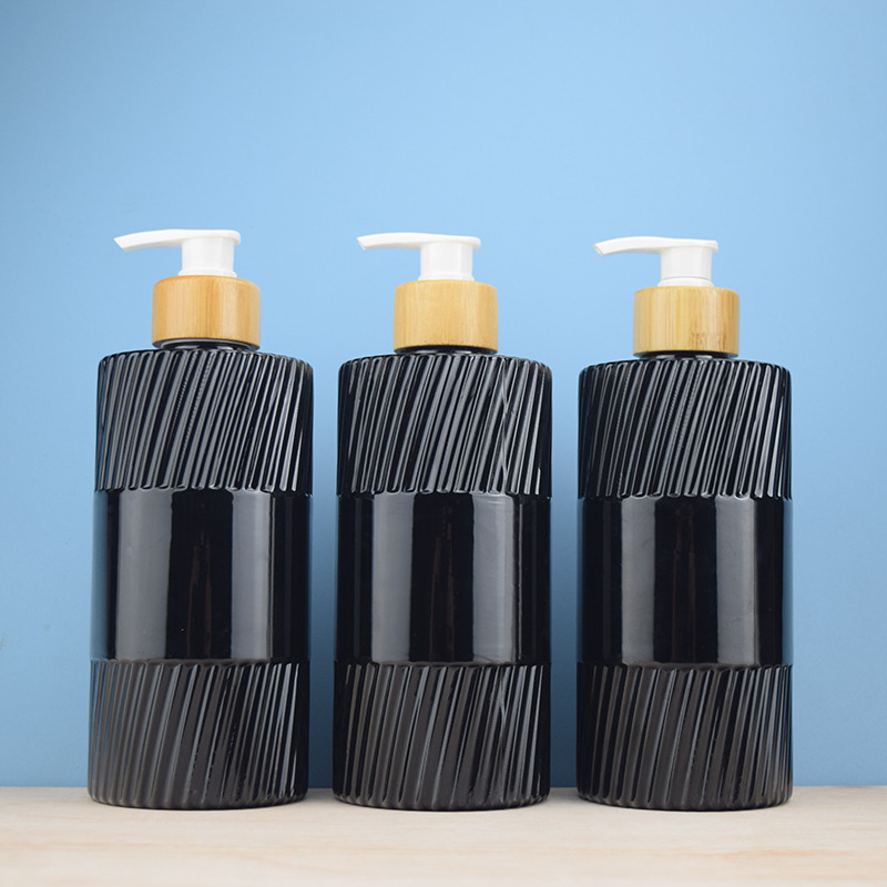 瓶批发500ml黑色圆柱形pet材料包装瓶搭配木纹泵头酒店洗护分装瓶