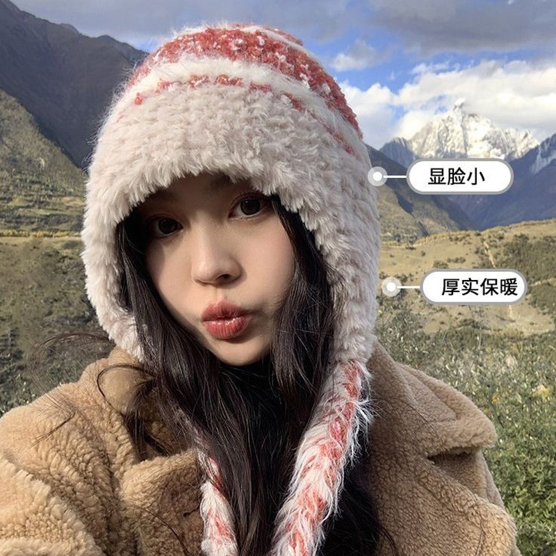 民族风彩色系带针织帽女秋冬季韩版条纹毛线帽时尚百搭保暖护耳帽|undefined