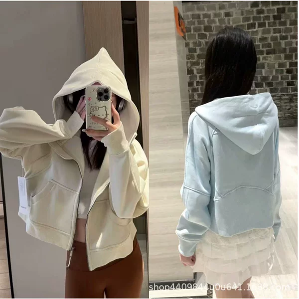 Lulu Same Style Scuba Full-Zip Hooded Sweatshirt, Loose Fit, Short Long-Sleeve Casual Sports Shirt, Fleece-Lined Jacket