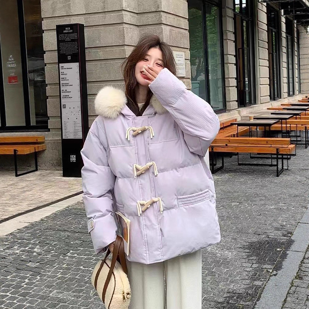 紫色牛角扣棉衣棉服女冬2025年新款韩版宽松大毛领加厚面包服外套