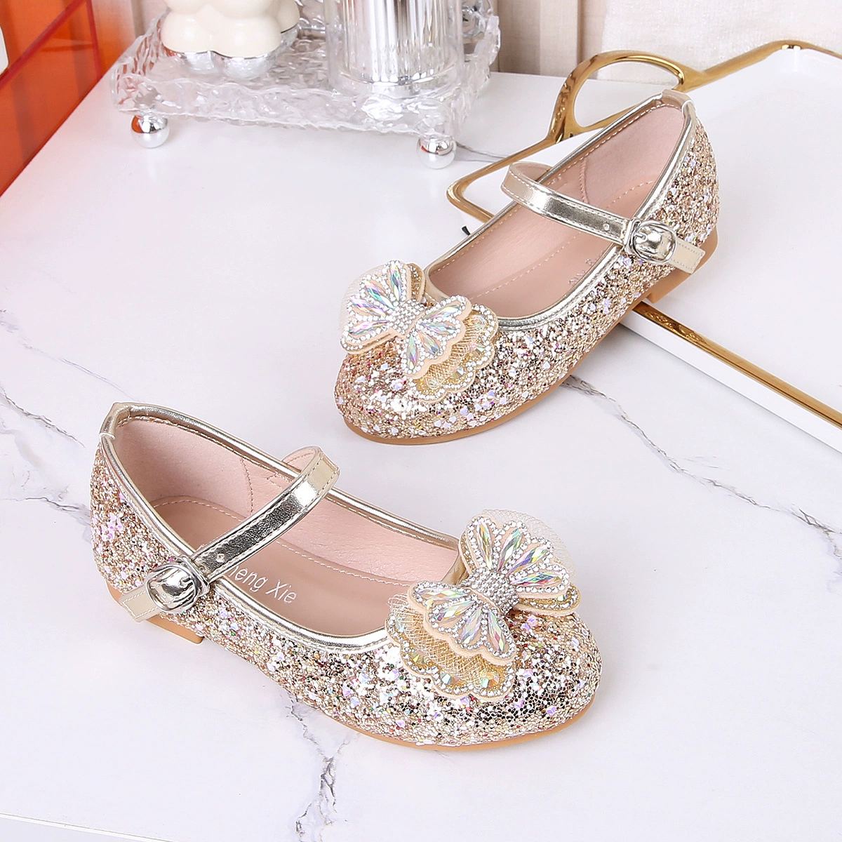 Shoes for princess, children's nail sequins with bow for leather shoes, new collection, autumn
