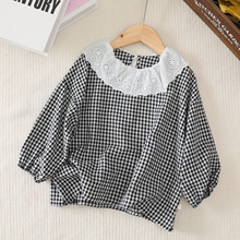 2025秋季新款女童韩版花边领百搭田园文艺风格子长袖衬衫