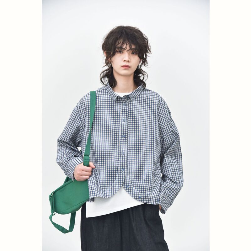 [Three and Two] Fresh Plaid 25 Early Spring Curved Hem Design Japanese Texture Shirt 36975#