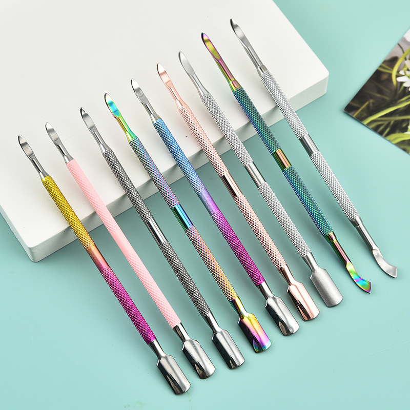 Acero inoxidable manicure acero empuje piel muerta empuje pequeño acero empuje piel muerta pala de doble cabeza de remoción de uñas planadora de remoción de uñas pegamento de aceite herramientas de manicure