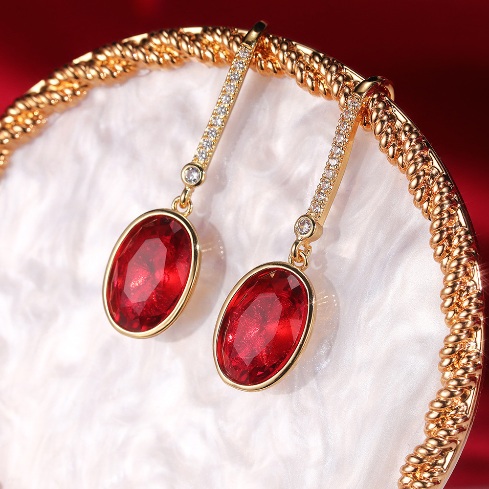 Simple Oval Jacinth Faux Red Barklyite Zircon Earrings display picture 2