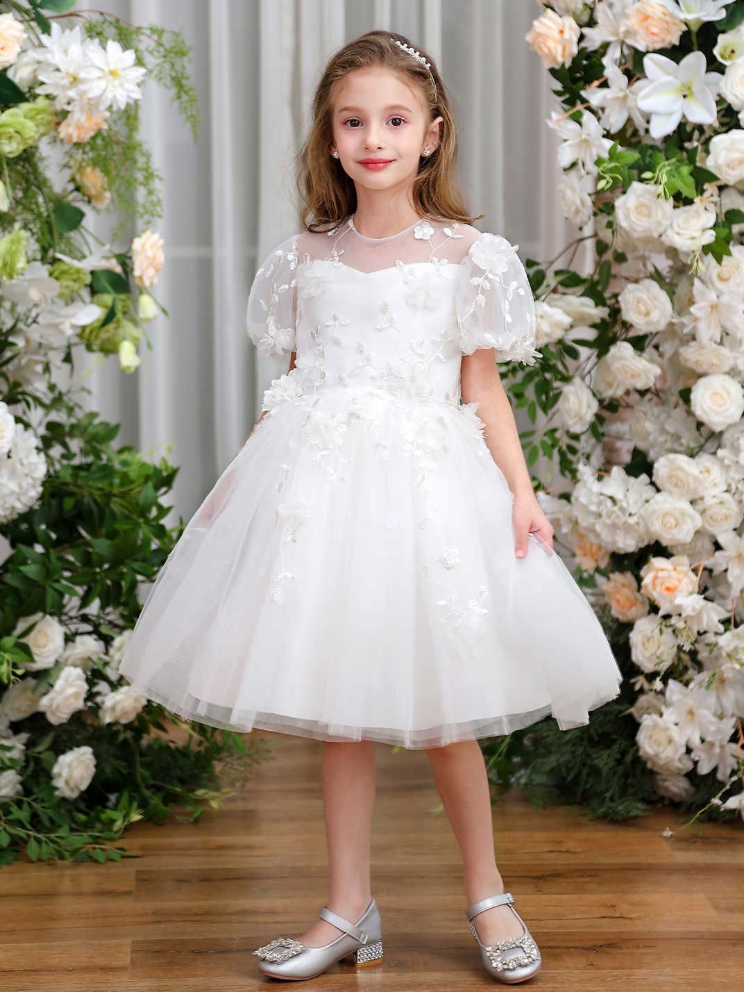 Nuevos productos vestidos de niños falda de niña niña niña flor de color sólido bambú pompa de manga corta vestido de princesa fábrica en stock