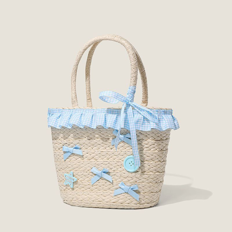 Summer New Blue Floral Cloth Straw Woven Bag Women's High Color Value Lightweight Handbag Cute Hanging Bow Woven Summer New Blue Floral Cloth Straw Woven Bag Women's High Color Value Lightweight Handbag Cute Hanging Bow Woven