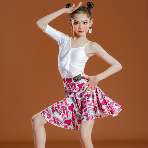 White floral printed Girls latin dance dresses children dance Latin dance professional performance practice suit training uniforms of the girls