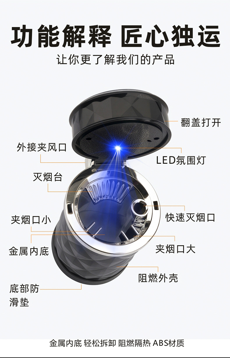 Car ashtray masonry section car with cover LED light car air outlet hanging type personalized car ashtray
