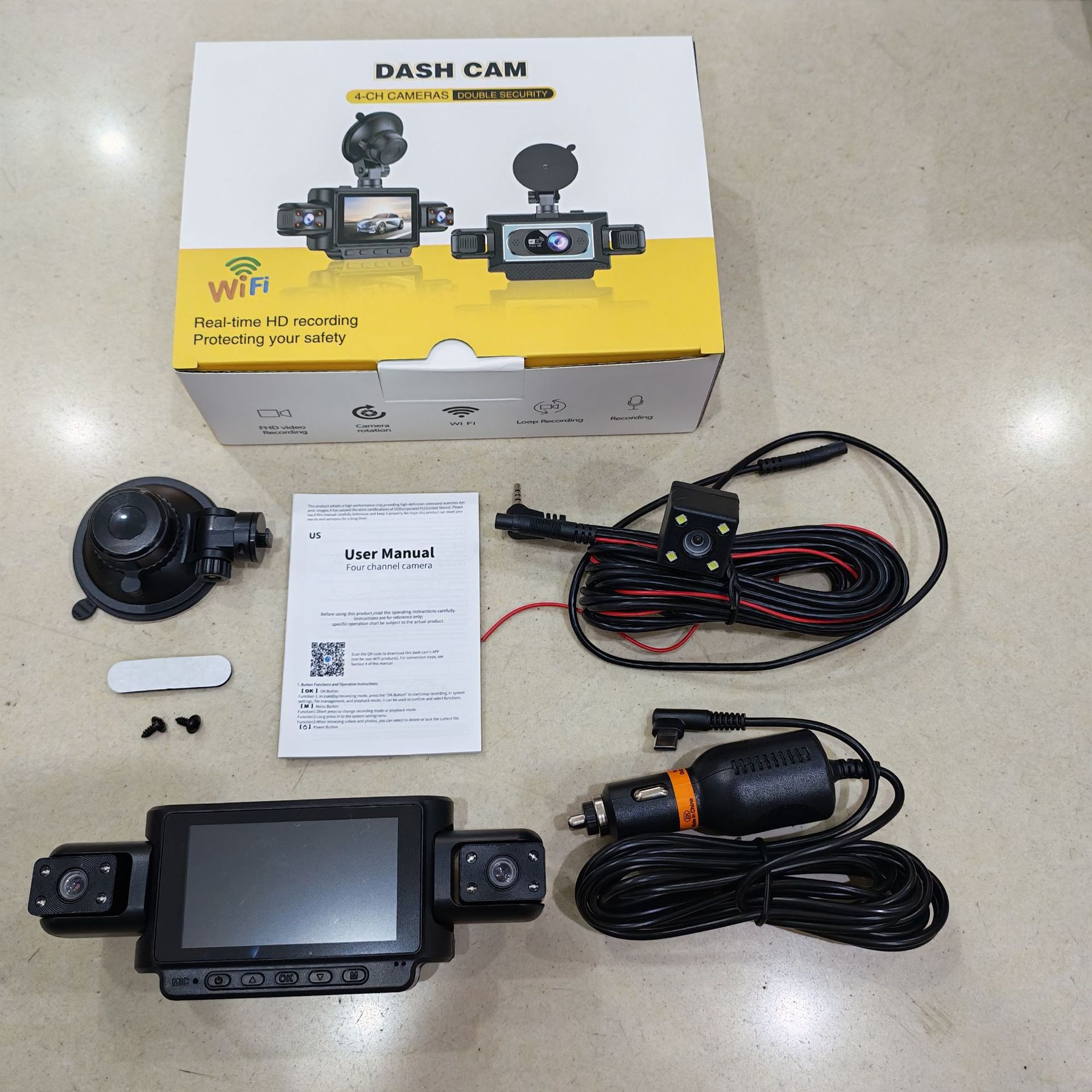 Cross-Border Hot-Selling 1080P High-Definition Dash Cam with Four Lenses, Wifi, 3inch Screens for Simultaneous Recording and Display of Reversing Images