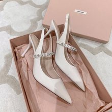 高跟鞋女2023春夏新款一字带水钻包头凉鞋细跟尖头浅口后空单鞋女