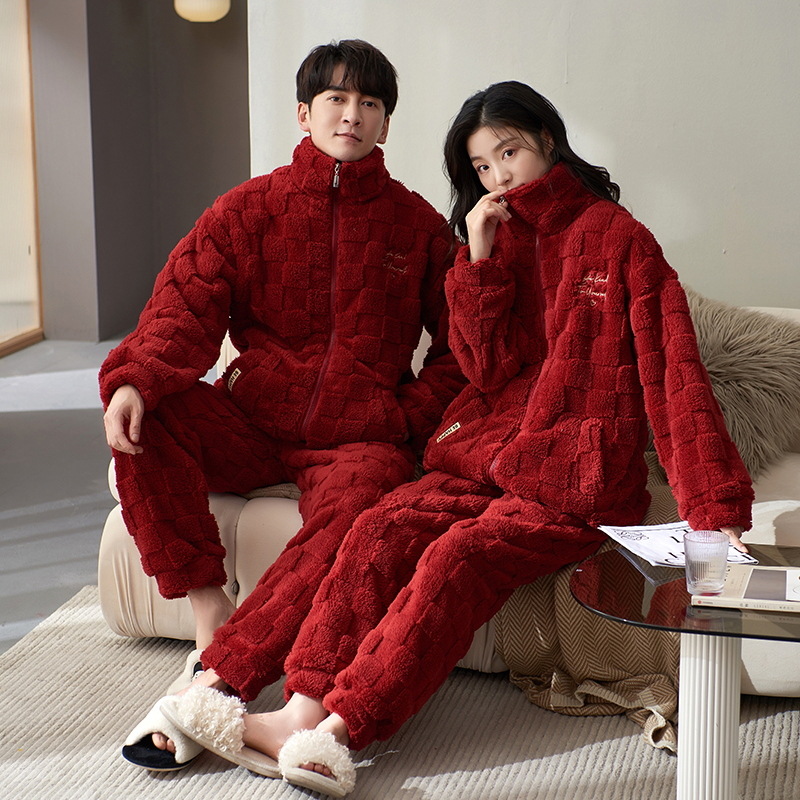 Pijamas para Pareja Otoño-Invierno 2025, Nuevo Conjunto de Ropa de Dormir Informal para Hombre y Mujer, de Terciopelo Coral con Cierre y Forro Polar Grueso