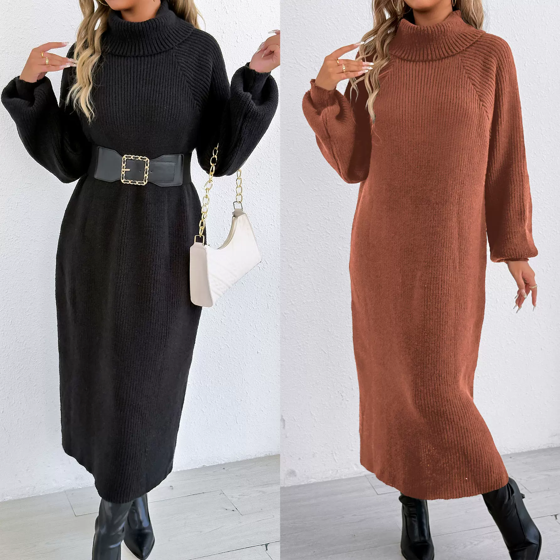 女士连衣裙跨境欧美女装宽松休闲长裙秋冬高领翻领毛衣裙不含腰带