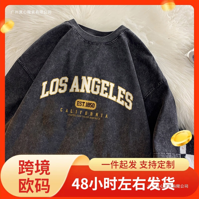 Hip-Hop Street T-Shirt Men's Los Angeles California Letter Shirt Summer Retro Washed Short-Sleeved Soft T-Shirt Men's Tiki