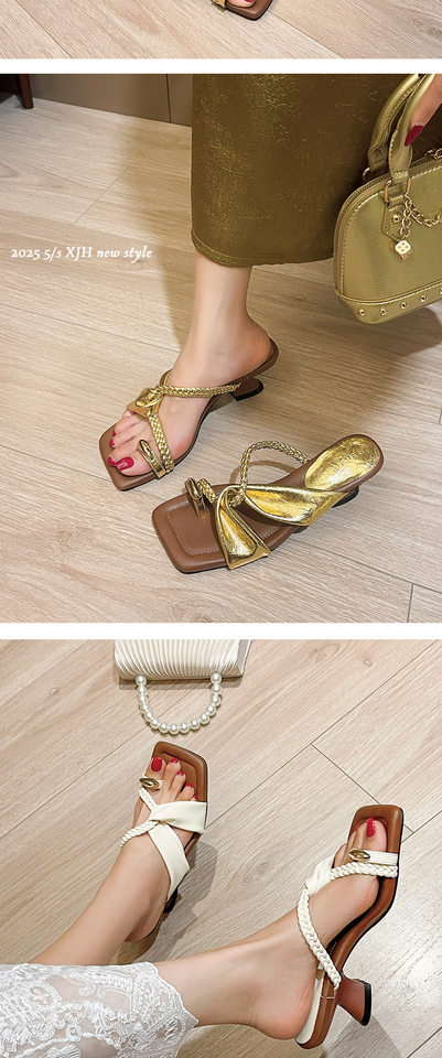 Dép sandal nữ quai hậu gót cao kiểu Pháp cổ điển, mũi vuông, đi chơi và nghỉ dưỡng — Màu kaki, Màu trắng be, Màu vàng chi tiết 10