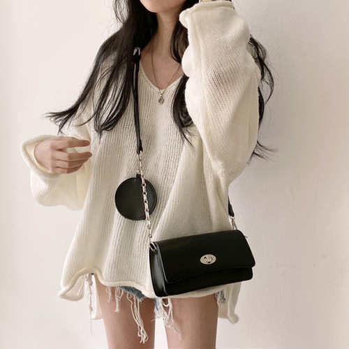 Korean chic spring new style retro loose lazy style V-neck rolled edge split fashionable pullover age-reducing sweater for women