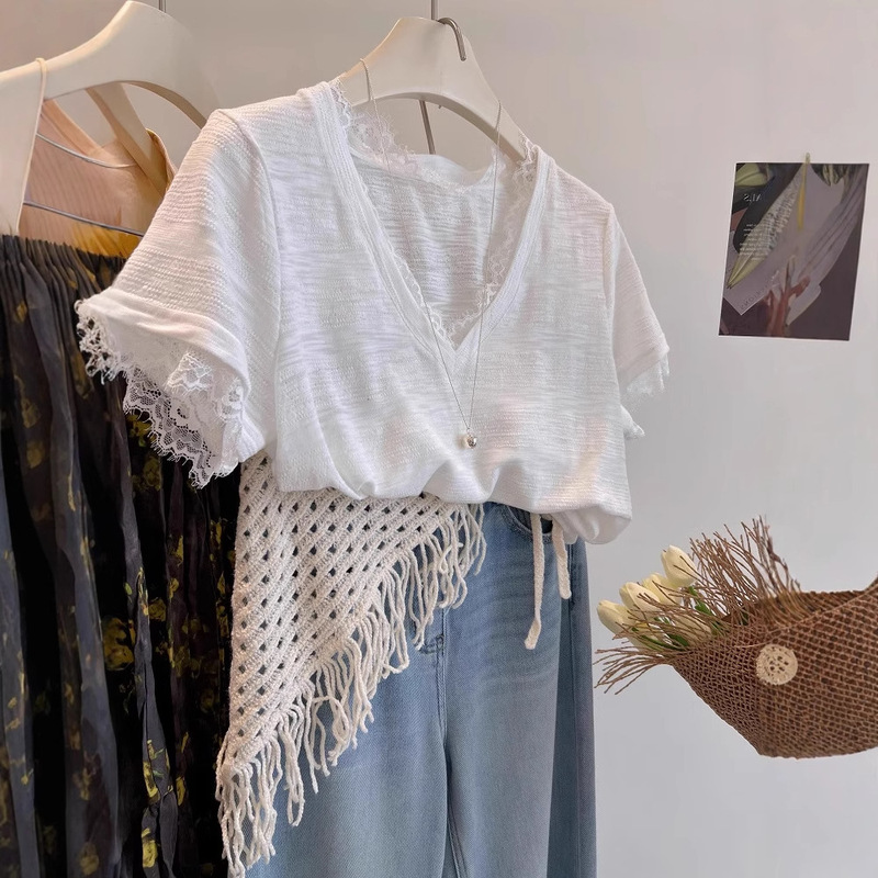 South Korea one keeps 2 pieces too good to wear huge slim V-neck lace slub cotton short sleeve T-shirt for women tee