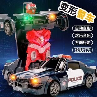 Tiktok-Style Electric Transforming Police Car with Music and Lights, Universal Swat Toy Car, Automatic Transforming Robot