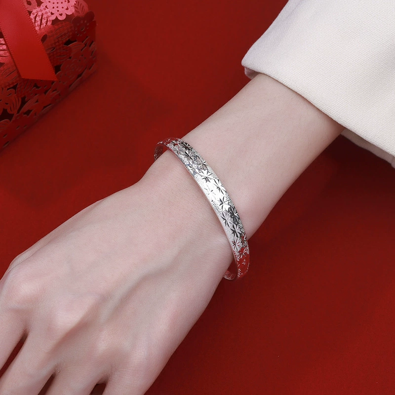 Браслет (LINGMU JEWELRY) 925 проба серебра, браслет-манжета с цветочным гравированием, 7,3×7,3×3,5 см